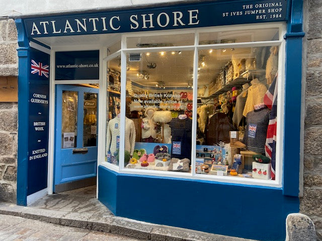 Atlantic Shore shopfront on the cobbles of Fore Street in St. Ives