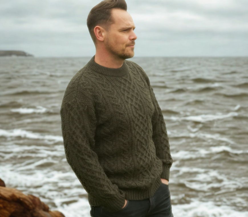 Traditional Aran knit jumper - Moss - Made in England