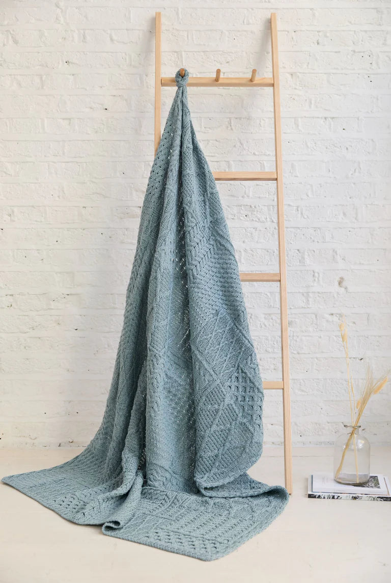 Aran  patchwork Merino wool blanket in summer storm blue, 100% Wool