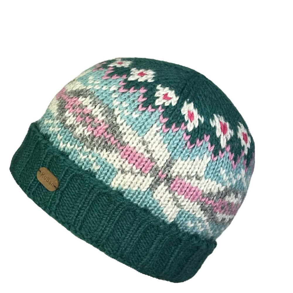 Kusan 100% wool beanie  hat with turn up, in aqua and teal. PK2101