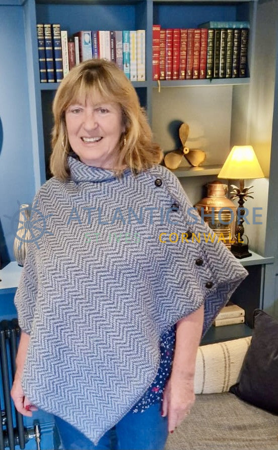 Herringbone Aran Woollen Mills ladies' blue poncho - 100% merino wool
