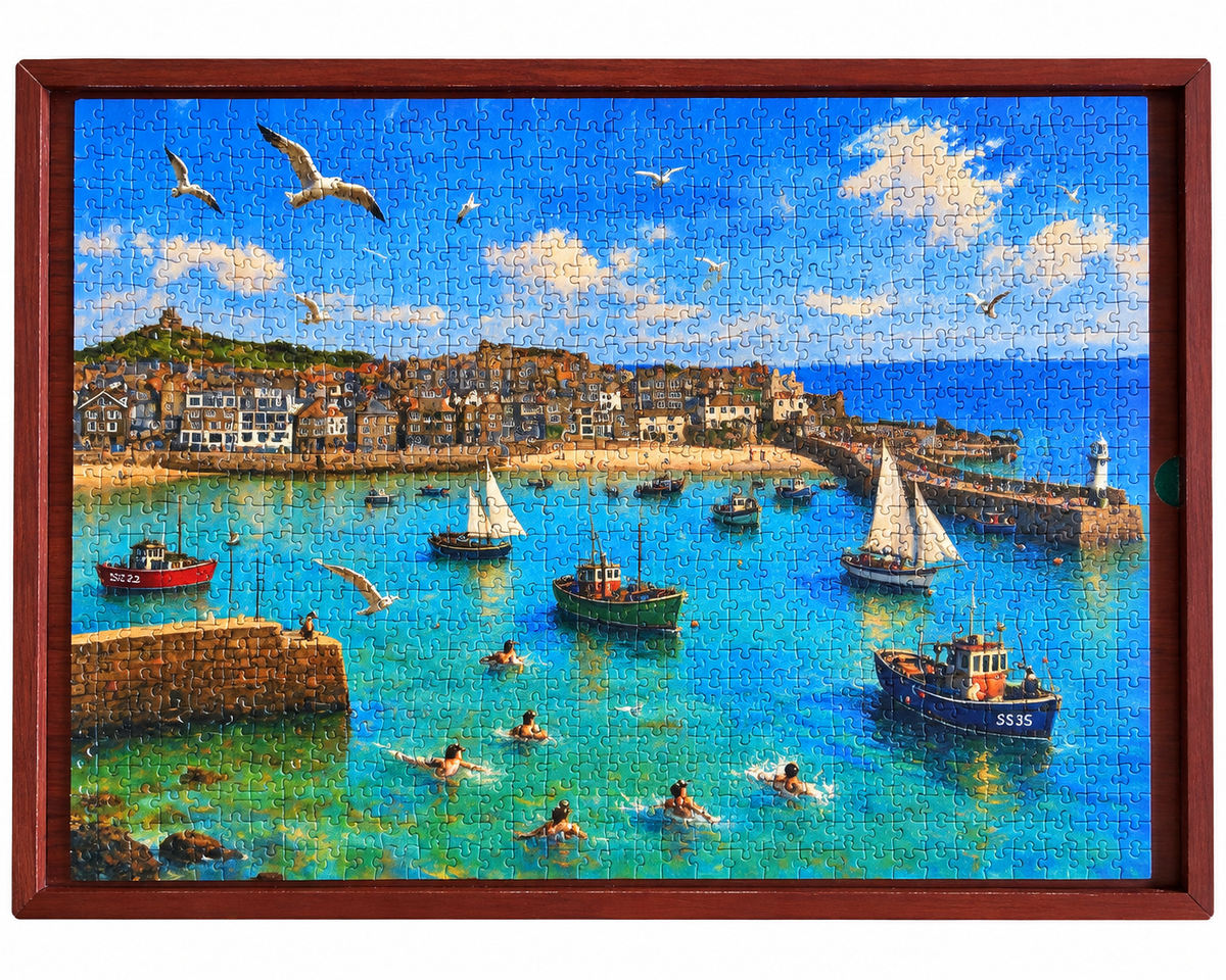 Completed jigsaw of St Ives Cornwall on frame