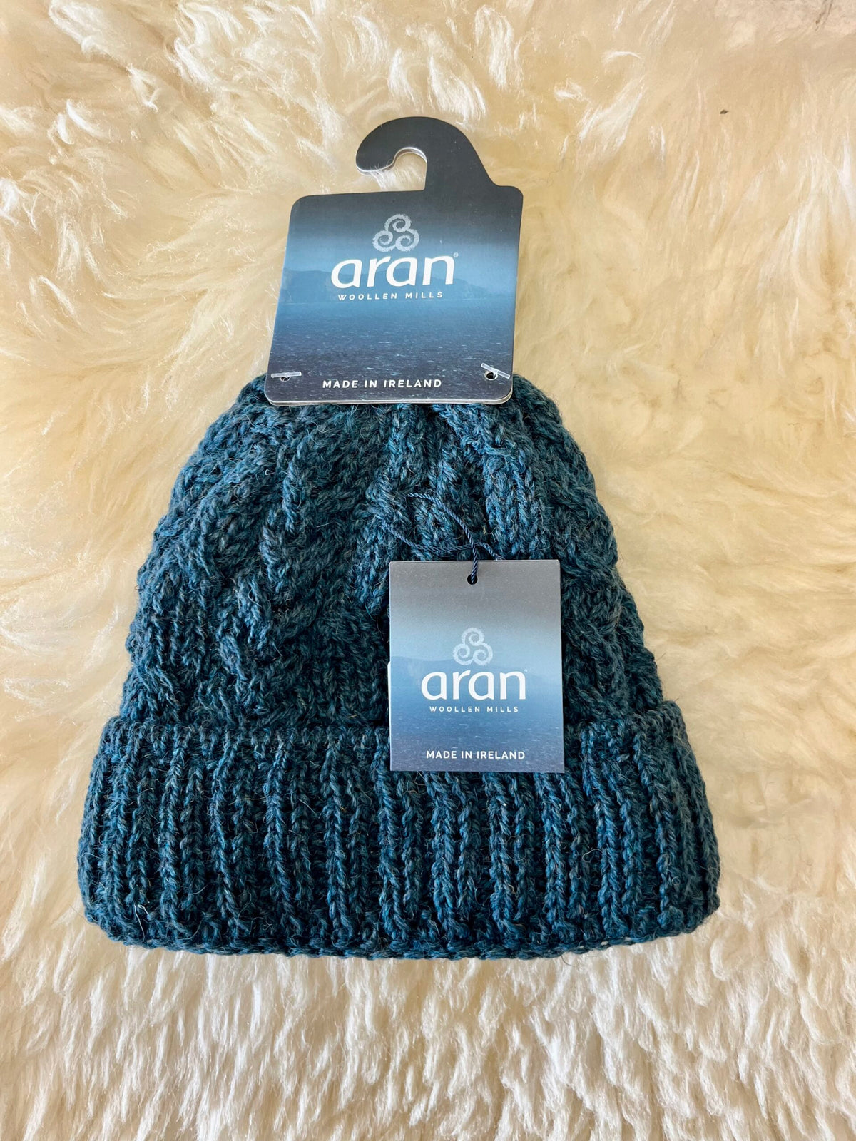 Aran Woollen Mills cable knit teal hat - 100% Worsted wool