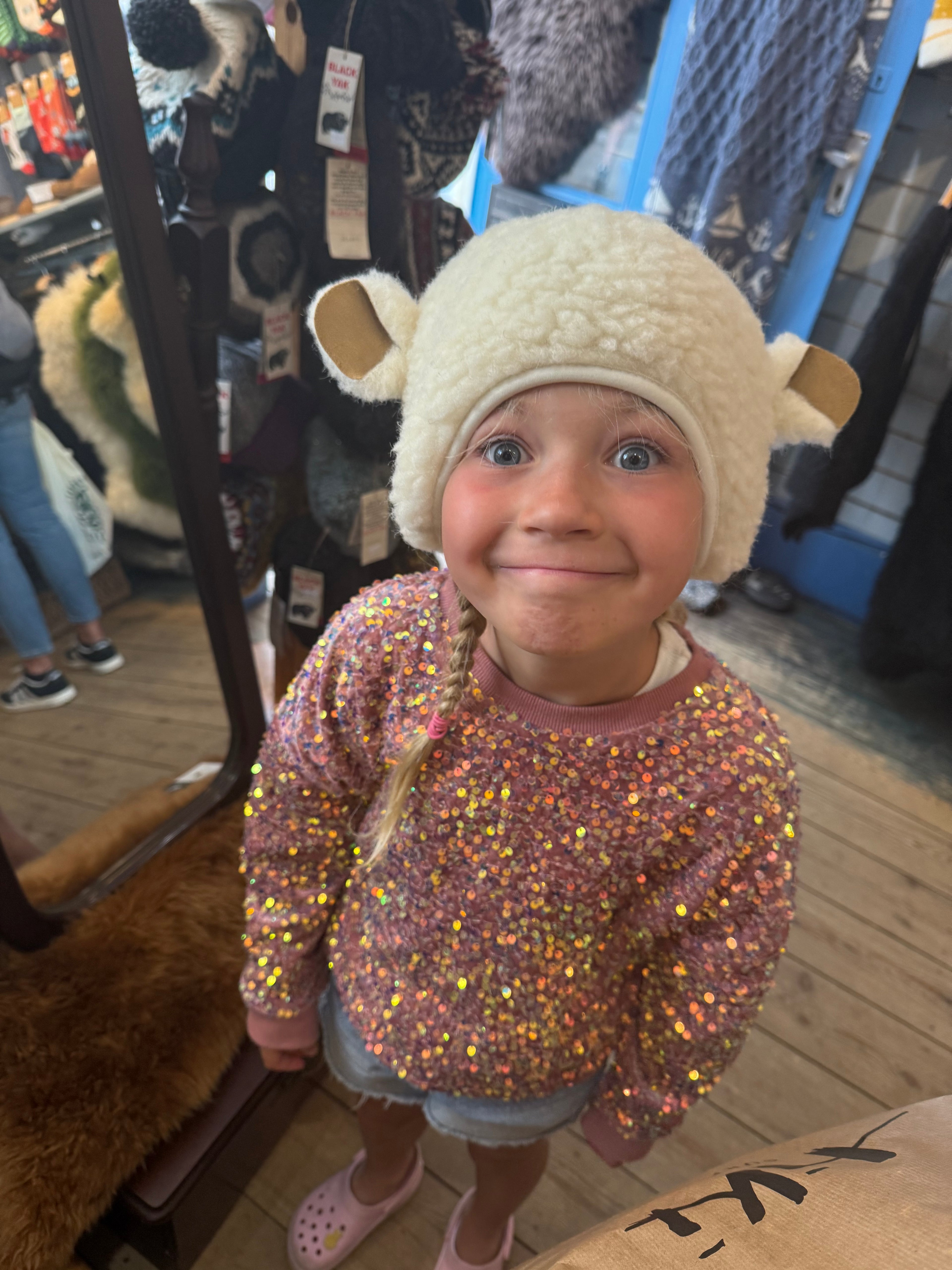 Children's wool pile sheep hat with suede ears