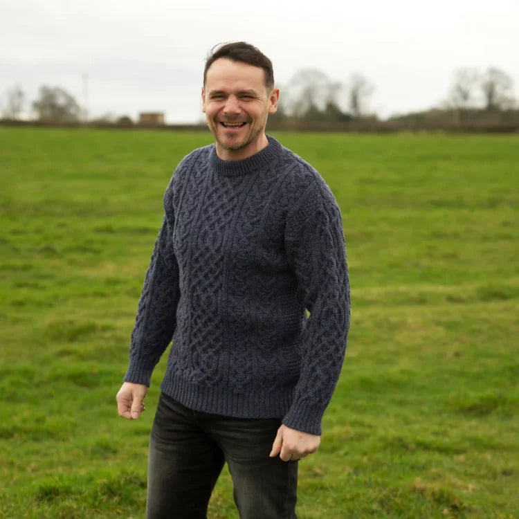 Traditional Aran knit jumper - Denim Blue - Made in England