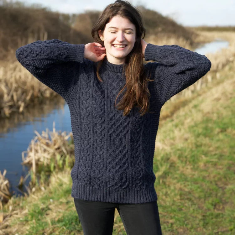Traditional Aran knit jumper - Denim Blue - Made in England