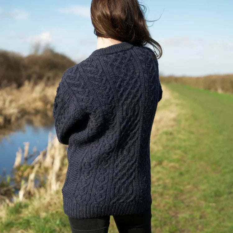 Traditional Aran knit jumper - Denim Blue - Made in England