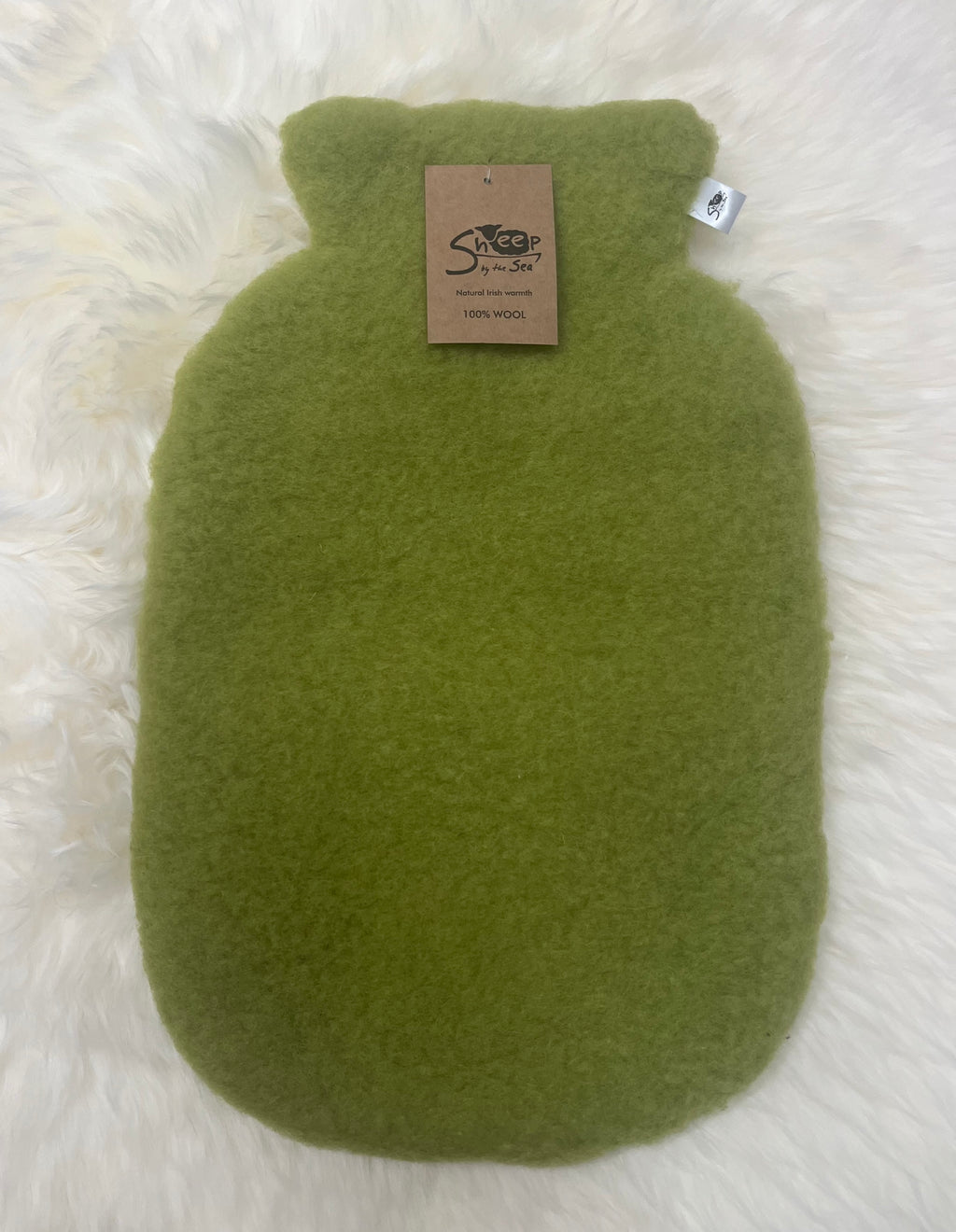 Luxurious 100% pure wool pile hot water bottle cover in pea green