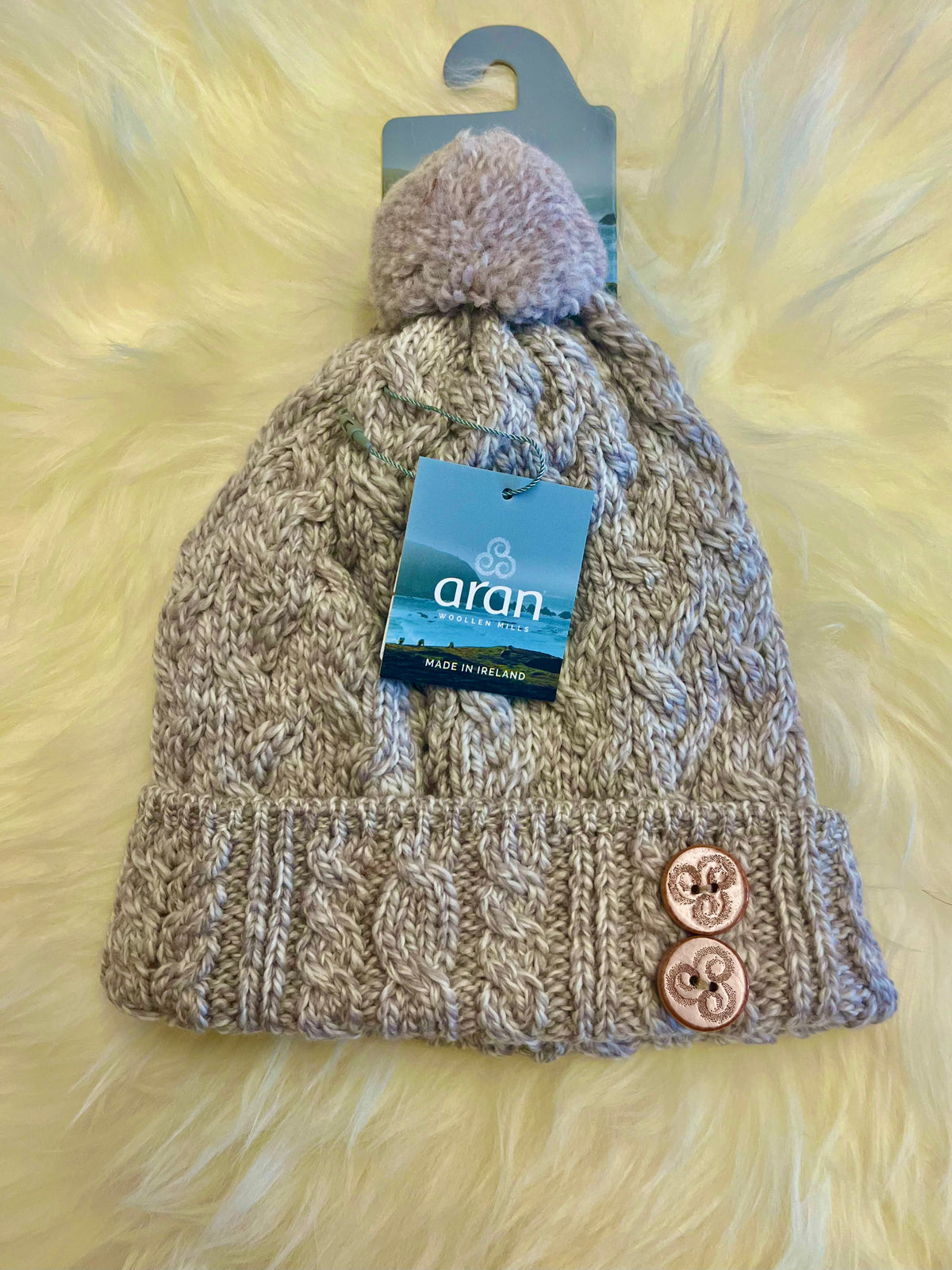 Aran Woollen Mills Super soft Merino bobble . Biscuit