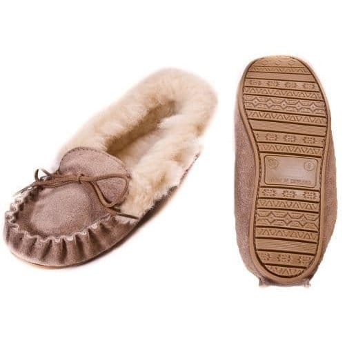 'Willow' ladies' sheepskin moccasin slippers, 100% wool natural lining with safety sole