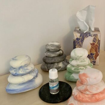 Stacking fragrant pebble sets including replenisher oil