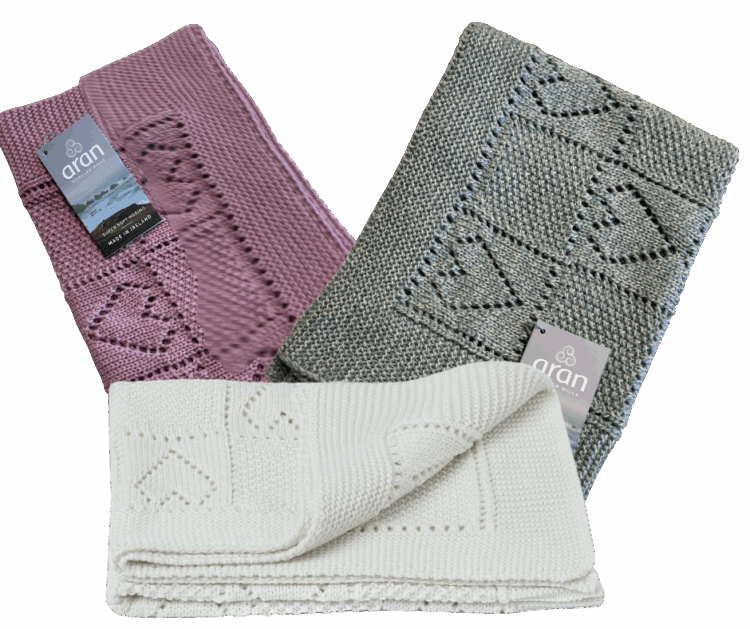 Aran heart design merino baby blanket in 3 colour choices