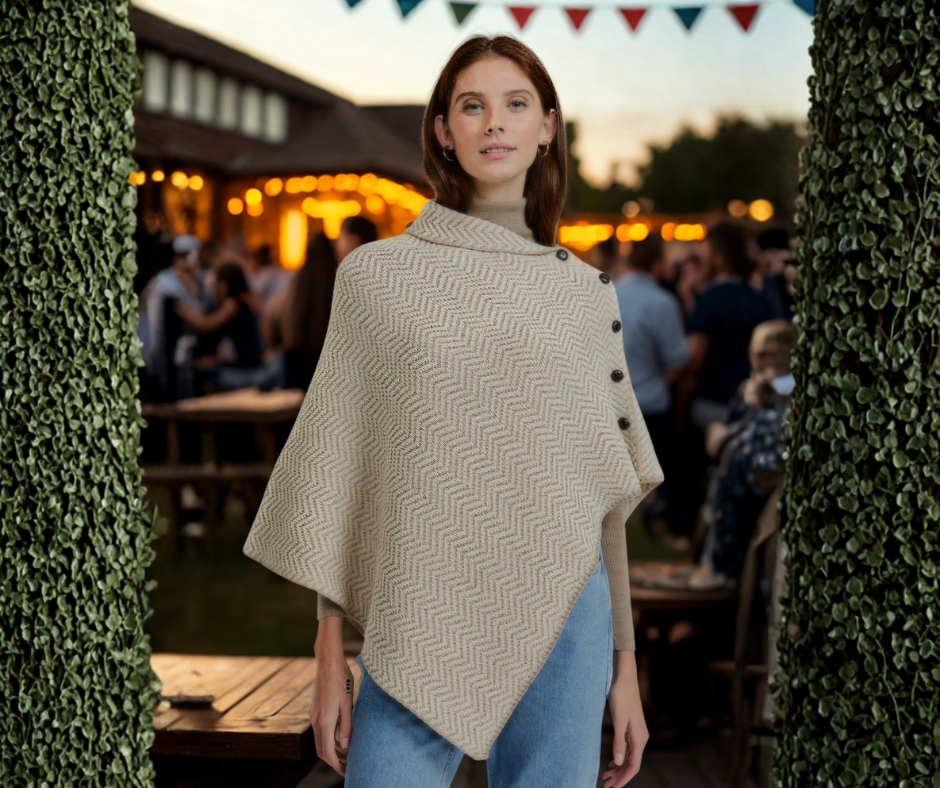 Herringbone Aran Woollen Mills ladies' oatmeal poncho - 100% merino wool