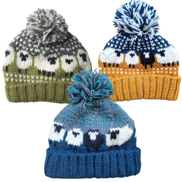 100 % Wool hand?knitted Sheep Bobble Hat – Fleece Lined, Fair Trade