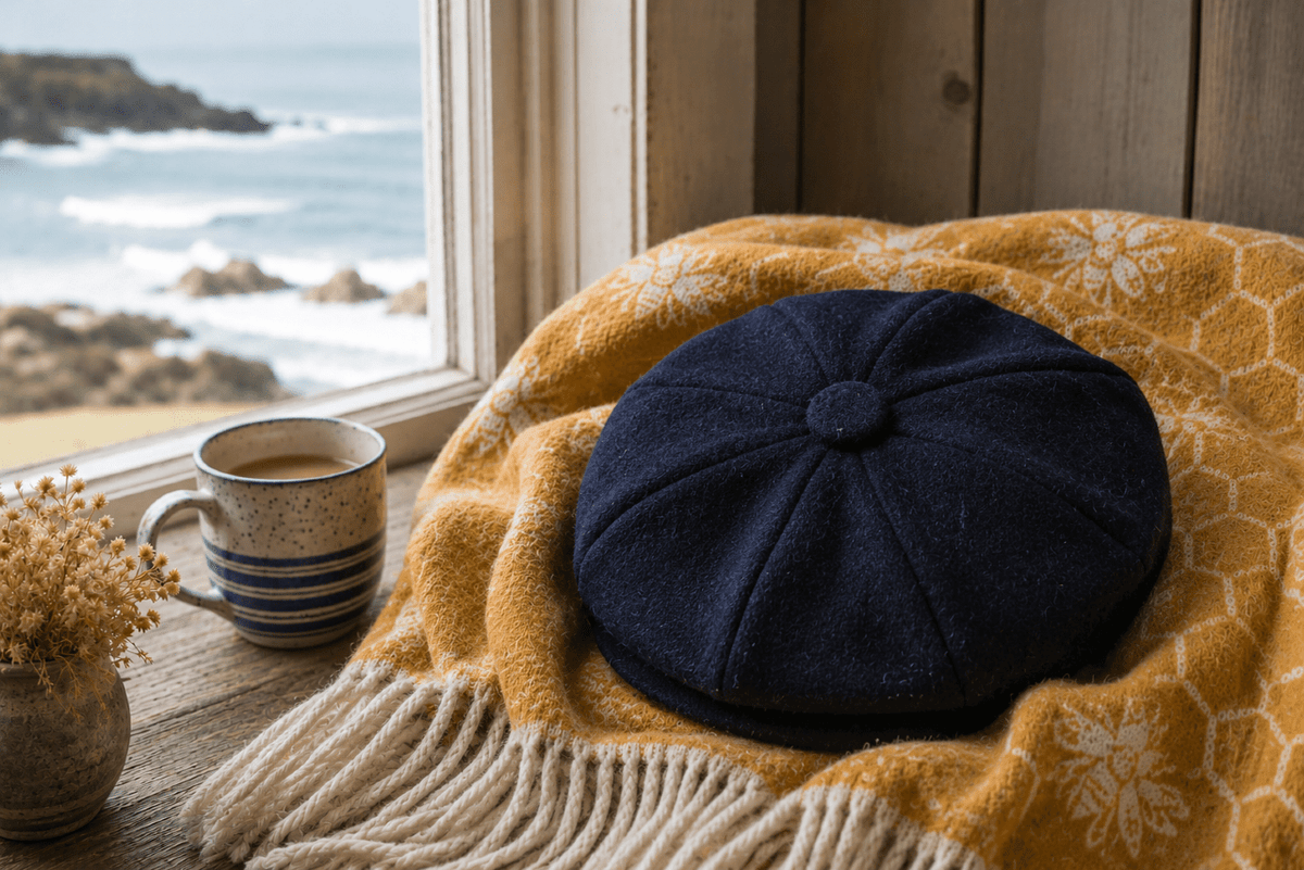 Wool mix navy baker style flat cap