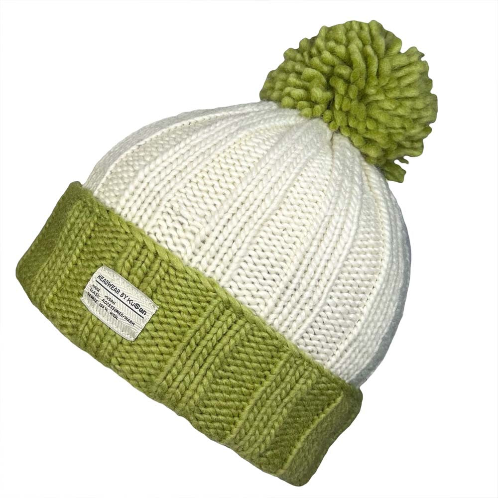 'Kusan' 100% New Zealand Wool bobble hat, lime & White. PK1525