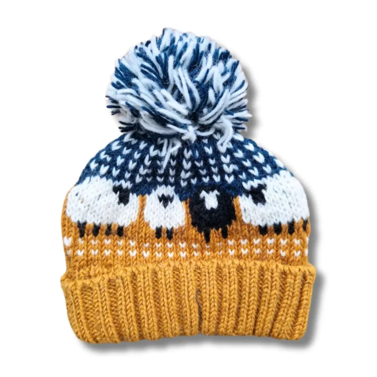 100 % Wool hand?knitted Sheep Bobble Hat – Fleece Lined, Fair Trade