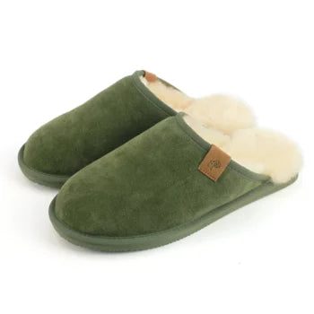 'Ellis' luxury suede mules, sheepskin lined, for men - Olive