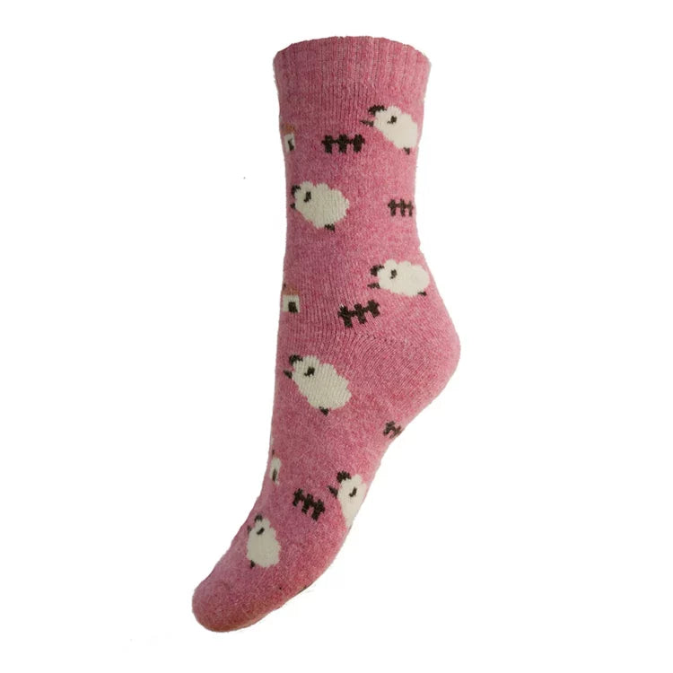 Ladies' soft pink or blue wool blend socks by Joya - jumping sheep