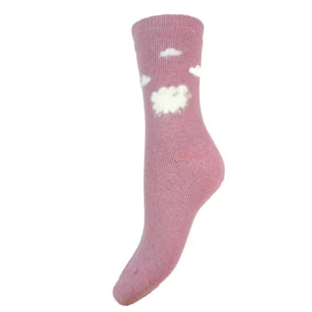 Ladies' soft pink wool blend socks by Joya - single sheep and clouds