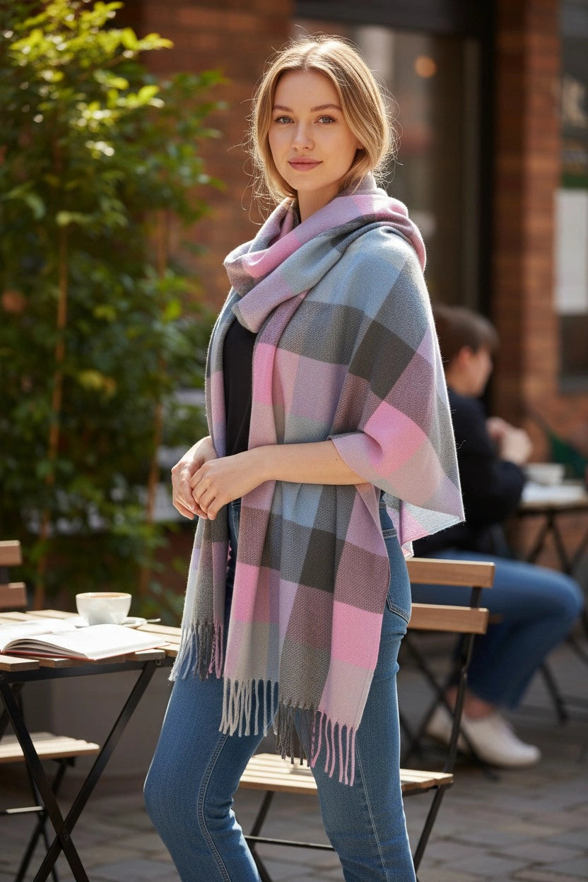 'Strathurie' soft cashmere blend scarf/wrap in pink/blue/greys