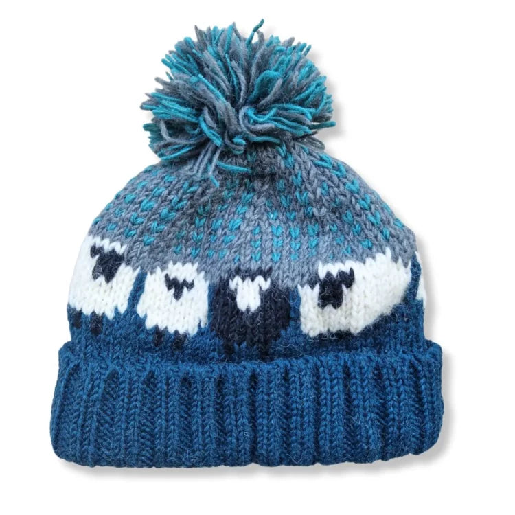100 % Wool hand?knitted Sheep Bobble Hat – Fleece Lined, Fair Trade