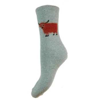 Ladies' soft duck egg blue wool blend socks by Joya - fluffy highland cow motif
